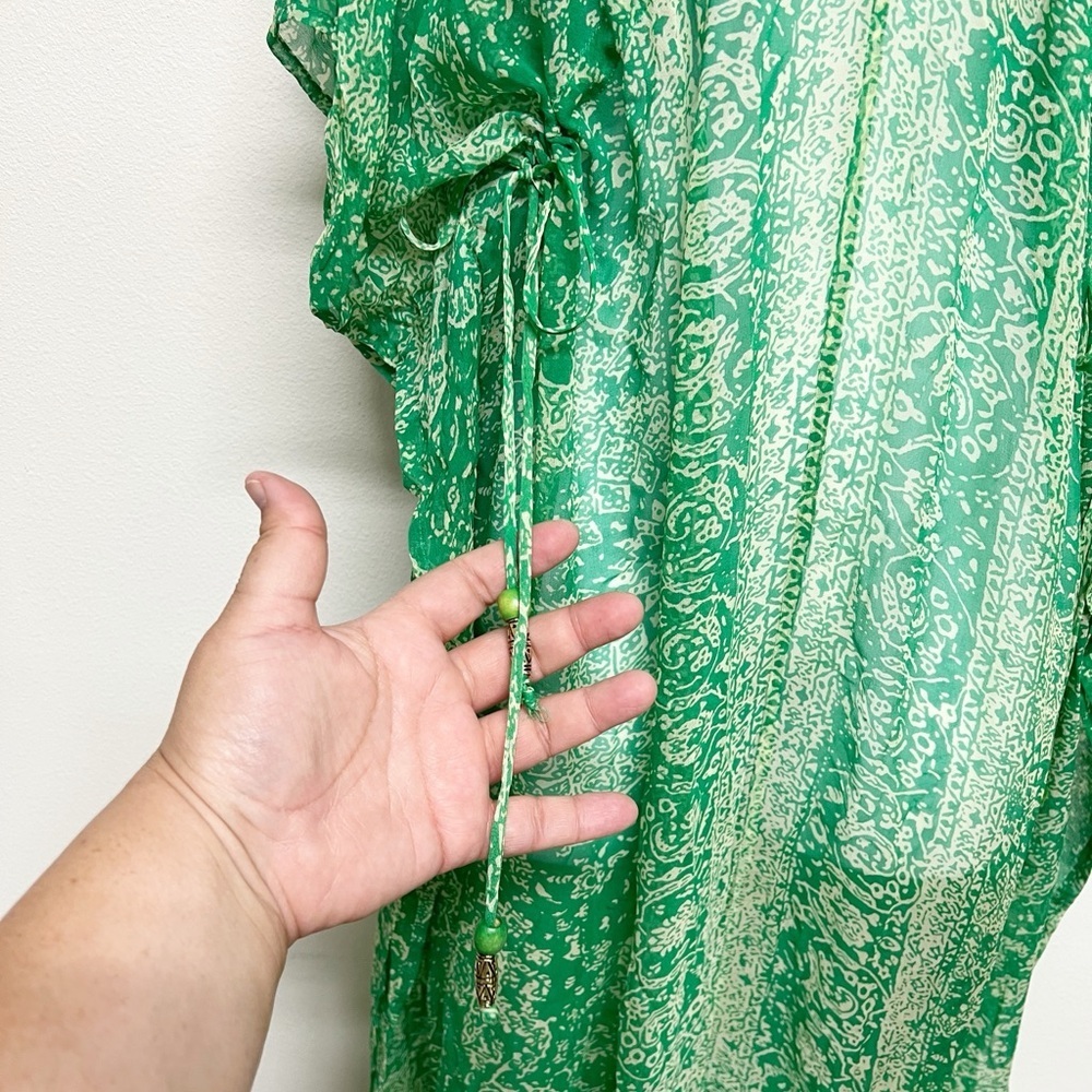Ella Moss Mermaidcore Silk Sheer Vibrant Green Paisley Patterned Boho Kaftkan - Picture 3 of 9